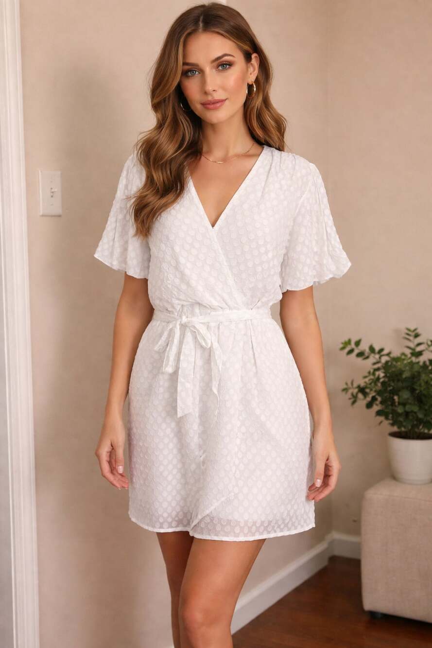 Fraiche by J White Swiss Dot Jacquard Faux Wrap Dress